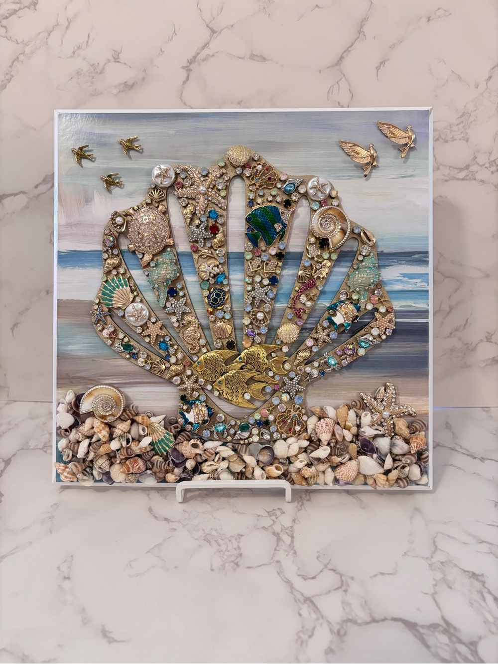 Coastal Shell Mosaic 12x12 Wall Art in Teal & Gold by